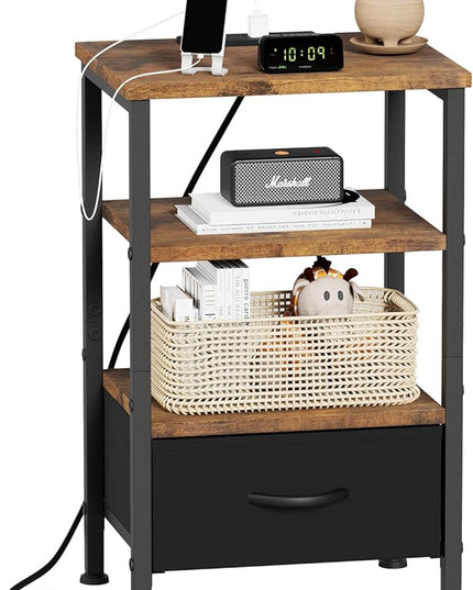 Fixwal Night Stand with Charging Station, Adjustable Bed Side Table with Fabric Drawer, Farmhouse End Table Bedroom, Bedside Table with Storage, Rustic Brown - LeafyLoom