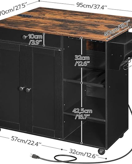 HOOBRO Kitchen Island with Storage, Rolling Kitchen Island with Folding Drop Leaf, Charging Station, Spice Rack, Drawer, Mobile Kitchen Island On Wheels, for Kitchen, Black and Rustic Brown BF95UZD01 - LeafyLoom