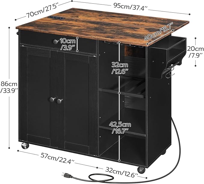 HOOBRO Kitchen Island with Storage, Rolling Kitchen Island with Folding Drop Leaf, Charging Station, Spice Rack, Drawer, Mobile Kitchen Island On Wheels, for Kitchen, Black and Rustic Brown BF95UZD01 - LeafyLoom