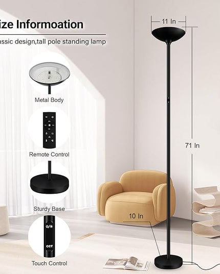 BoostArea Dimmable Floor Lamp,30W 3000LM Super Bright LED Torchiere Standing Lamp with Remote & Touch Control,71 in Tall Pole Sky Modern Floor Lamps for Living Room Bedroom Office,2700k-6500k,Black - LeafyLoom
