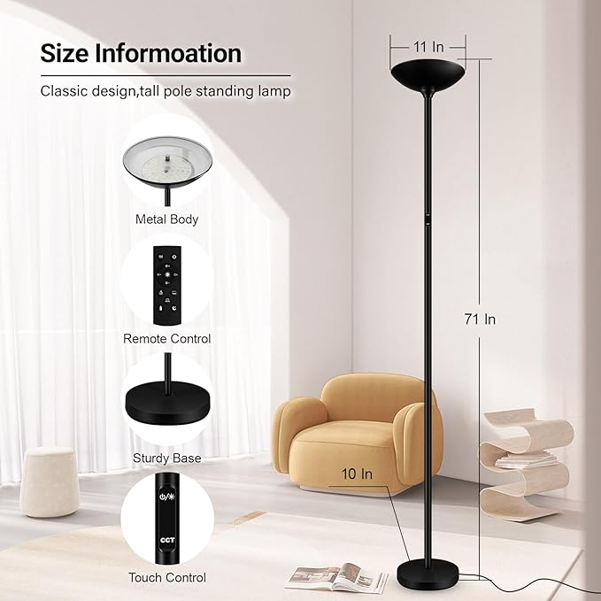 BoostArea Dimmable Floor Lamp,30W 3000LM Super Bright LED Torchiere Standing Lamp with Remote & Touch Control,71 in Tall Pole Sky Modern Floor Lamps for Living Room Bedroom Office,2700k-6500k,Black - LeafyLoom