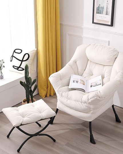 LITA Lazy Chair with Ottoman, Modern Accent Leisure Upholstered Sofa Chair, Contemporary Lounge Reading Chair with Armrests and a Side Pocket for Living Room, Bedroom & Small Space, Beige - LeafyLoom