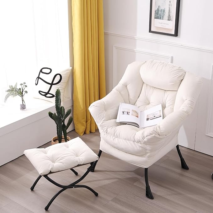 LITA Lazy Chair with Ottoman, Modern Accent Leisure Upholstered Sofa Chair, Contemporary Lounge Reading Chair with Armrests and a Side Pocket for Living Room, Bedroom & Small Space, Beige - LeafyLoom