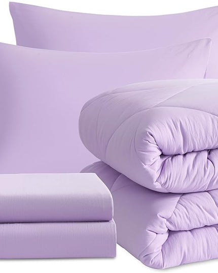 NTBAY Twin Comforter Set with Sheets, 5 Pieces Soft and Breathable Twin Bedding Set, Twin Bed in a Bag, Down Alternative Comforter Set Solid Color All Season, Kids Bedding Set, Light Purple - LeafyLoom