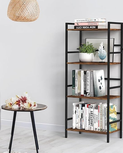 CADUKE Bookcase 4 Tier Bookshelf with Storage Industrial Open Etagere Bookcase Wood Metal Book Shelf Stand Brown Bookshelves for Living Room Bedroom Office - LeafyLoom