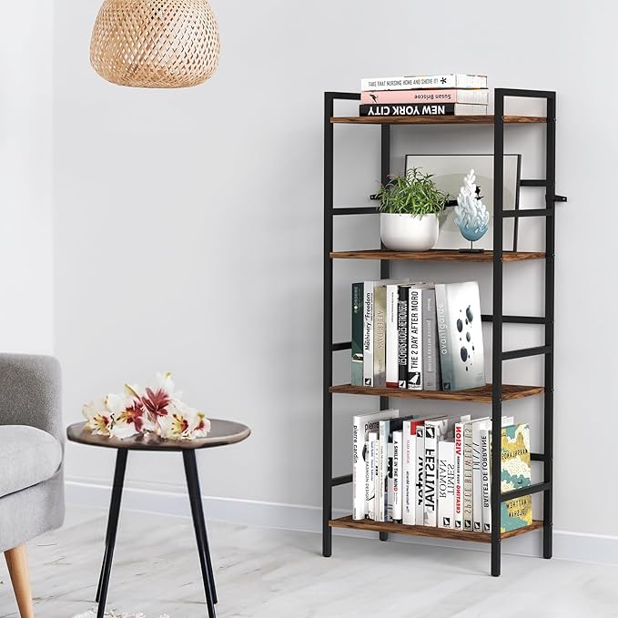 CADUKE Bookcase 4 Tier Bookshelf with Storage Industrial Open Etagere Bookcase Wood Metal Book Shelf Stand Brown Bookshelves for Living Room Bedroom Office - LeafyLoom