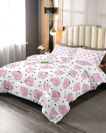Erosebridal Pink Pig Comforter Set for Girls Kawaii Room Decor Queen,Cute Pigs Bedding Set for Kids Boys Children Farm Animal Quilted Duvet Sets Cartoom Style Soft Lightweight Down Comforter 3 Pcs - LeafyLoom