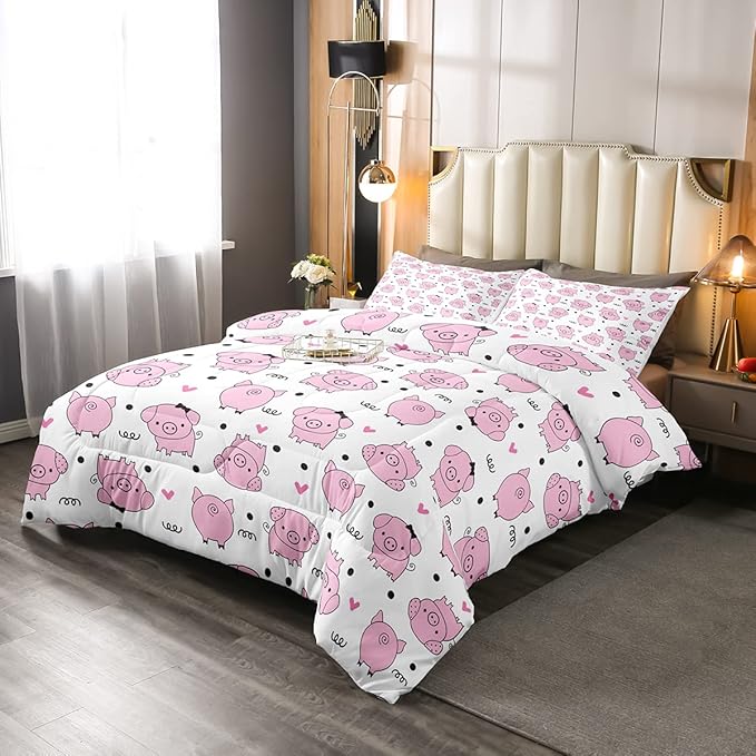 Erosebridal Pink Pig Comforter Set for Girls Kawaii Room Decor Queen,Cute Pigs Bedding Set for Kids Boys Children Farm Animal Quilted Duvet Sets Cartoom Style Soft Lightweight Down Comforter 3 Pcs - LeafyLoom
