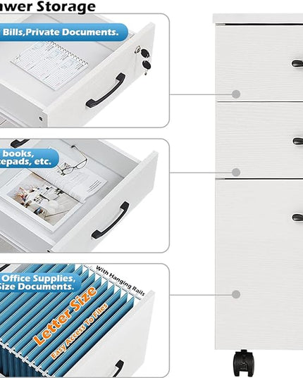 Panana 3 Drawer Wood Mobile File Cabinet, Under Desk Storage Drawers Small File Cabinet for Home Office (White) - LeafyLoom