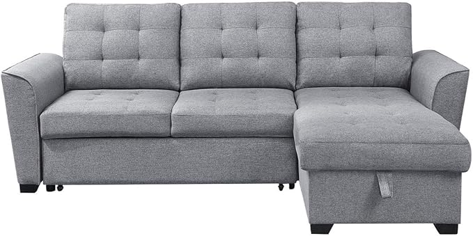 LOVMOR L-Shape Corner Couch with Storage Chaise, Linen Reversible Sleeper Sectional Sofa with Arms for Home Furniture, Living Room, Apartment, Dorm, Light Gray, 61.75 Inch - LeafyLoom