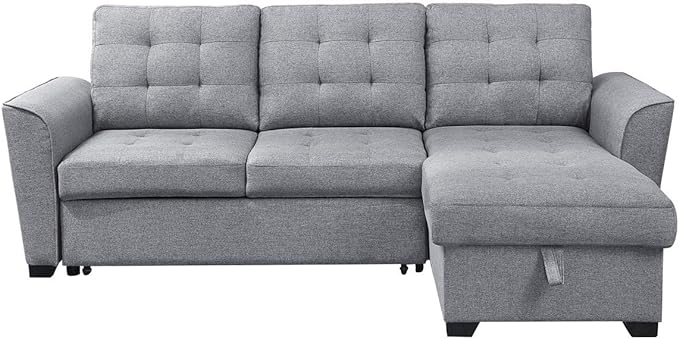 90.5" L Shaped Sectional Sleeper Sofa with Reversible Storage Chaise, Linen Couch Pull Out Bed for Living Room, Small Space, Apartment, Light Gray - LeafyLoom