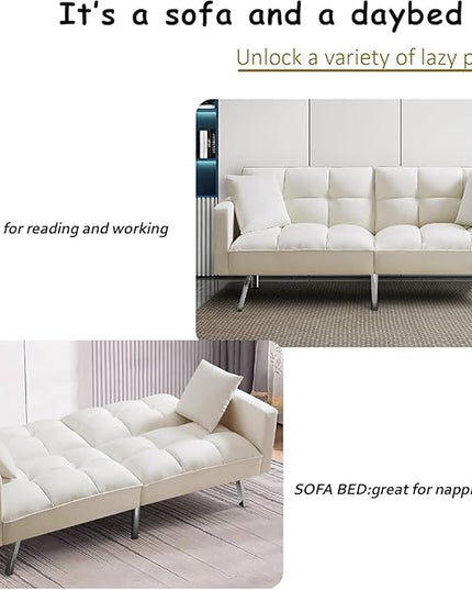Sofa Modern Convertible Folding Lounge Couch Loveseat Daybed Living Room Furniture Sets with 2 Pillows,3 Adjustable Angles Backrest with 6 Metal Legs for Bedroom,Office-White Sofá - LeafyLoom