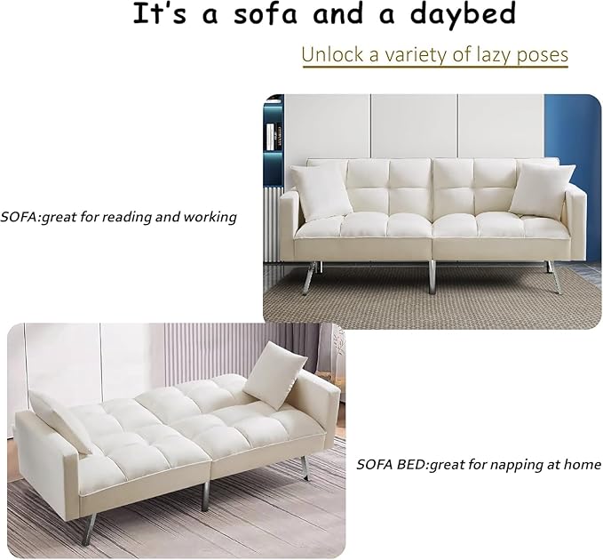 Sofa Modern Convertible Folding Lounge Couch Loveseat Daybed Living Room Furniture Sets with 2 Pillows,3 Adjustable Angles Backrest with 6 Metal Legs for Bedroom,Office-White Sofá - LeafyLoom