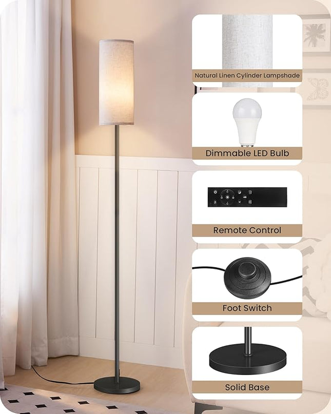 Dimmable Floor Lamp for Living Room, Corner Floor Lamp with Remote, 66'' Standing Tall Lamp, Linen Lampshade, 10W 800LM LED Bulb for Bedroom Study, FCC Listed Black and White W06LD05 - LeafyLoom