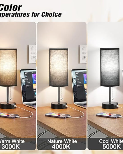 Black Bedside Lamp for Bedroom Nightstand - Small Table Lamp with USB A + C Charging Port, 3 Color Temperatures Pull Chain Night Stand Light with Bulb， Side Table Desk Reading Lamp for Living Room - LeafyLoom