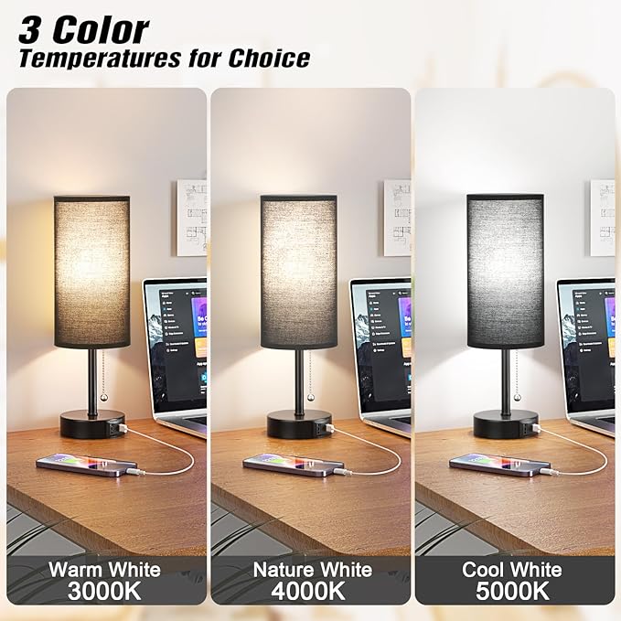 Black Bedside Lamp for Bedroom Nightstand - Small Table Lamp with USB A + C Charging Port, 3 Color Temperatures Pull Chain Night Stand Light with Bulb， Side Table Desk Reading Lamp for Living Room - LeafyLoom