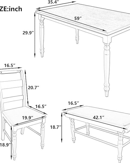 Dining Table Set for 6, 6-Piece Dining Table and Chair Set with Turned Legs,Upholstered Dining Chairs and Bench, Dining Room Table Set for Living Room, White - LeafyLoom