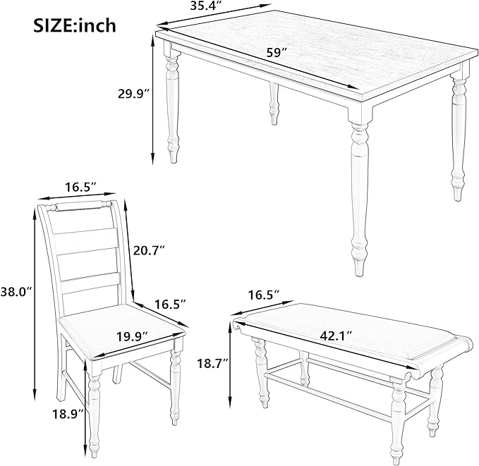 Dining Table Set for 6, 6-Piece Dining Table and Chair Set with Turned Legs,Upholstered Dining Chairs and Bench, Dining Room Table Set for Living Room, White - LeafyLoom