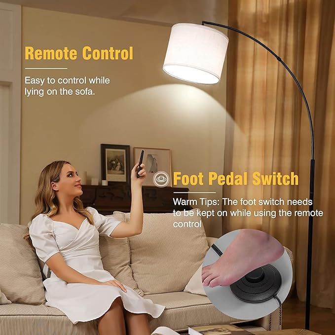 Arc Floor Lamps for Living Room,Modern Standing Lamp with Remote Control,Tall Lamp with Stepless Dimmable,5 Color temperatures,Over Couch Arched Reading Light for Bedroom,Office(Bulb Included) - LeafyLoom