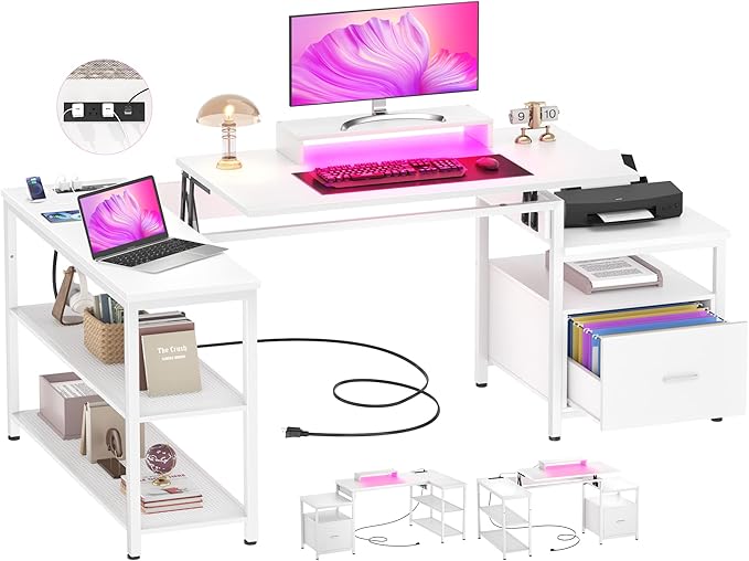 Aheaplus L Shaped Desk with Power Outlet, Standing Home Office Desk with Lift Top and File Drawer, 63'' Corner Computer Desk with Monitor Stand&Printer Shelves, Gaming Desk with Led Lights, White - LeafyLoom