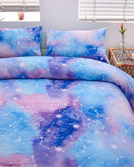 Holawakaka Tie Dye Constellation Print Ombre Comforter Set Queen Size Boys Girls Gradient Galaxy Bedding Set (Blue Purple, Queen) - LeafyLoom