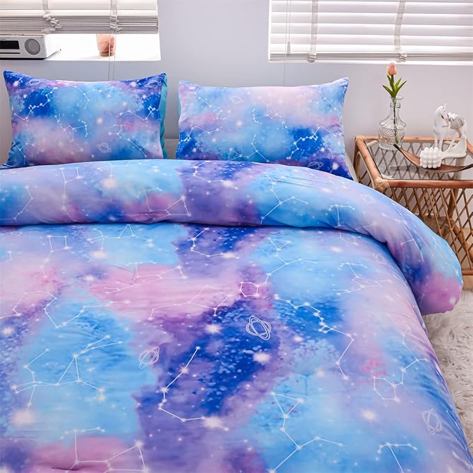 Holawakaka Tie Dye Constellation Print Ombre Comforter Set Queen Size Boys Girls Gradient Galaxy Bedding Set (Blue Purple, Queen) - LeafyLoom