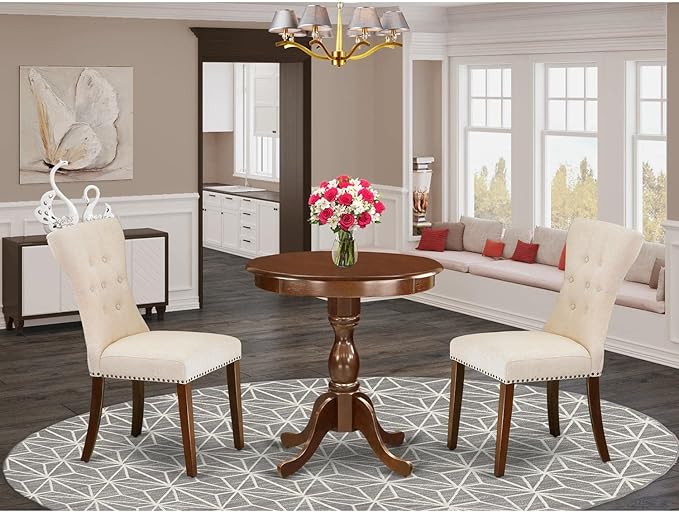 East West Furniture ESGA3-MAH-32 Eden 3 Piece Dining Set for Small Spaces Contains a Round Wooden Table with Pedestal and 2 Light Beige Linen Fabric Parson Chairs, 30x30 Inch, Mahogany - LeafyLoom