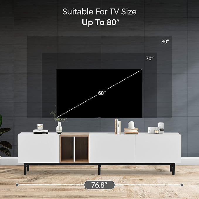 Modern Inch Stand with 3 Doors-Versatile Media Console Table, Large Storage Entertainment Center for Living Room, Bedroom Decor, Support 80" TV, White - LeafyLoom