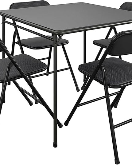 COSCO Premium 5-Piece Dining Set, with 34" Vinyl Top Card Table and 4 Fabric Padded Seat & Back Folding Chairs, Black - LeafyLoom