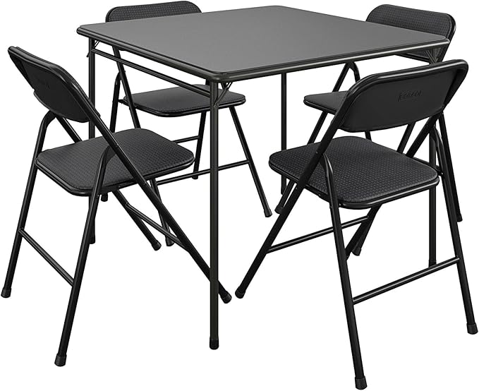 COSCO Premium 5-Piece Dining Set, with 34" Vinyl Top Card Table and 4 Fabric Padded Seat & Back Folding Chairs, Black - LeafyLoom