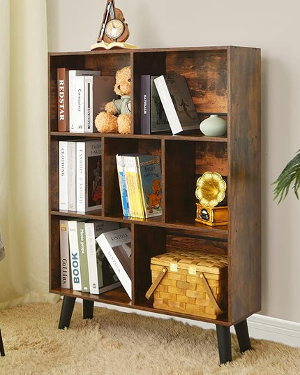 LEYAOYAO Cube Bookshelf 3 Tier Mid-Century Rustic Brown Modern Bookcase with Legs,Retro Wood Bookshelves Storage Organizer Shelf,Freestanding Open Book Shelves for Bedroom,Living Room,Office - LeafyLoom