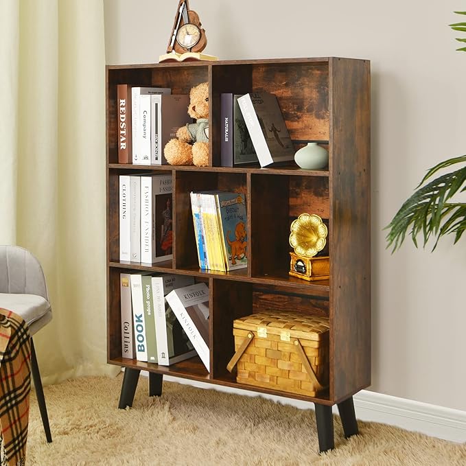 LEYAOYAO Cube Bookshelf 3 Tier Mid-Century Rustic Brown Modern Bookcase with Legs,Retro Wood Bookshelves Storage Organizer Shelf,Freestanding Open Book Shelves for Bedroom,Living Room,Office - LeafyLoom