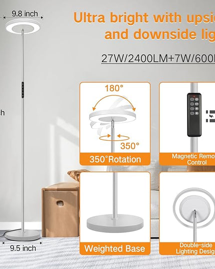 OUTON LED Torchiere Floor Lamp, Super Bright Dimmable Tall Standing Lamp with Remote Touch Control, 4 Color Temperatures, 1-Hour Timer for Living Room, Bedroom, Office (Light Grey) - LeafyLoom