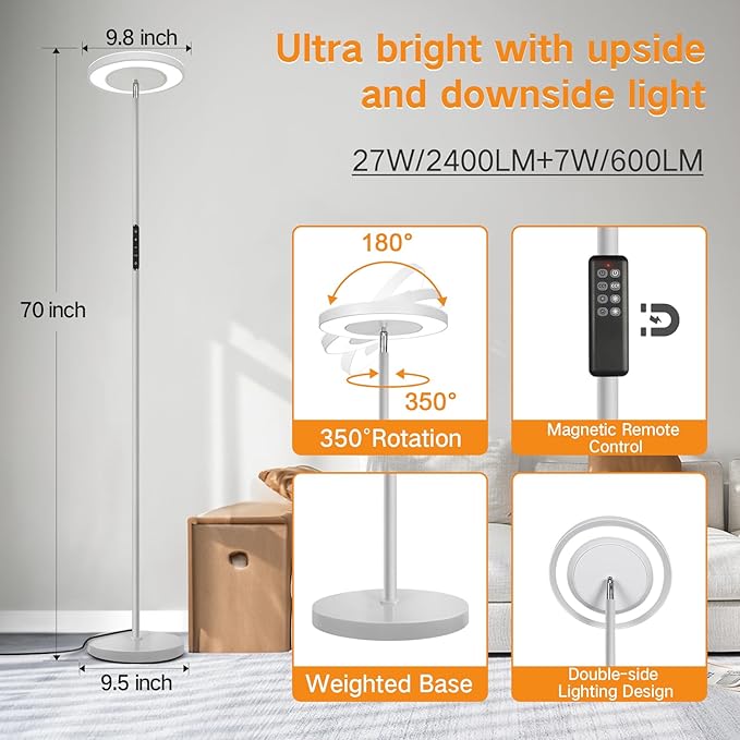 OUTON LED Torchiere Floor Lamp, Super Bright Dimmable Tall Standing Lamp with Remote Touch Control, 4 Color Temperatures, 1-Hour Timer for Living Room, Bedroom, Office (Light Grey) - LeafyLoom
