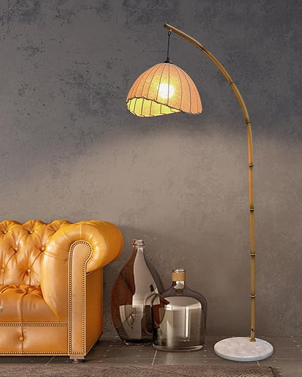 Bamboo Floor Lamp, Boho Floor Lamps, Modern Tall Standing Lamps Retro Arc Floor Lamp for Living Room Restaurant Home Decorative, Fishing Floor Lamp(Trichromatic Light Change) - LeafyLoom