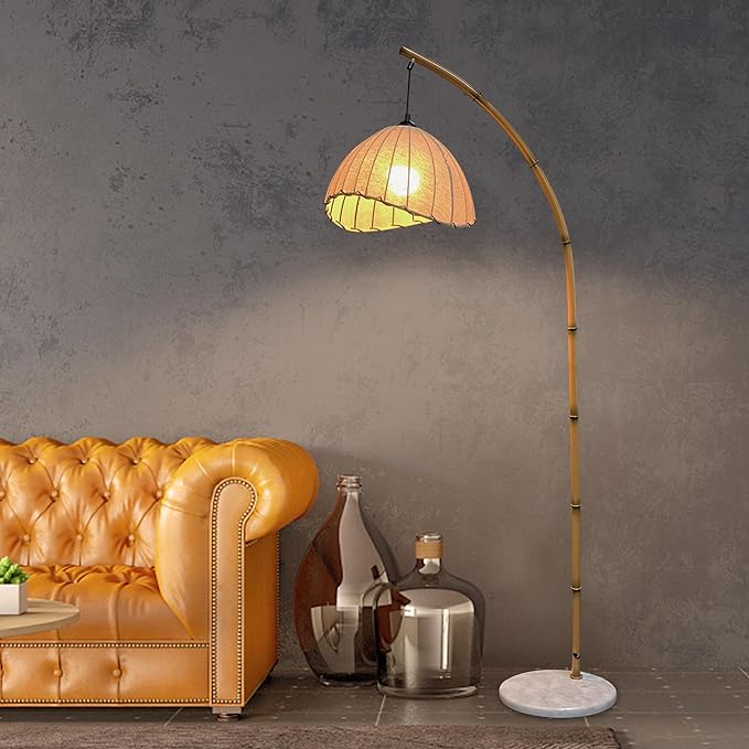 Bamboo Floor Lamp, Boho Floor Lamps, Modern Tall Standing Lamps Retro Arc Floor Lamp for Living Room Restaurant Home Decorative, Fishing Floor Lamp(Trichromatic Light Change) - LeafyLoom
