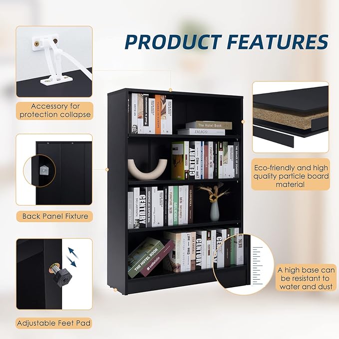 Farini Black Bookshelf for Bedroom 4 Shelf Office Bookcase 48 Inches Tall Modern Wood Bookshelf for Living Room 4 Tier Wide Manga Bookshelf Library Bookcase - LeafyLoom