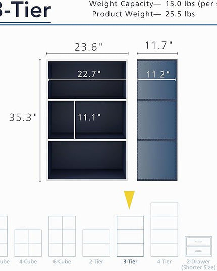 Apexa 3-Tier Cube Storage Organizer Shelves, Stackable Wood Bookcase Fits Cubby Bins for Organization, Dorm Teen Room Decor & Home Office, Steel Blue - LeafyLoom