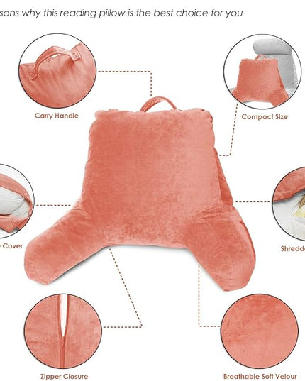 Clara Clark Reading Pillow, Standard Back Pillow for Sitting Up in Bed, Memory Foam Back Support Pillow, Reading Pillows for Sitting in Bed, Misty Rose Sit Up Pillow for Bed, Arm Pillow with Pockets - LeafyLoom