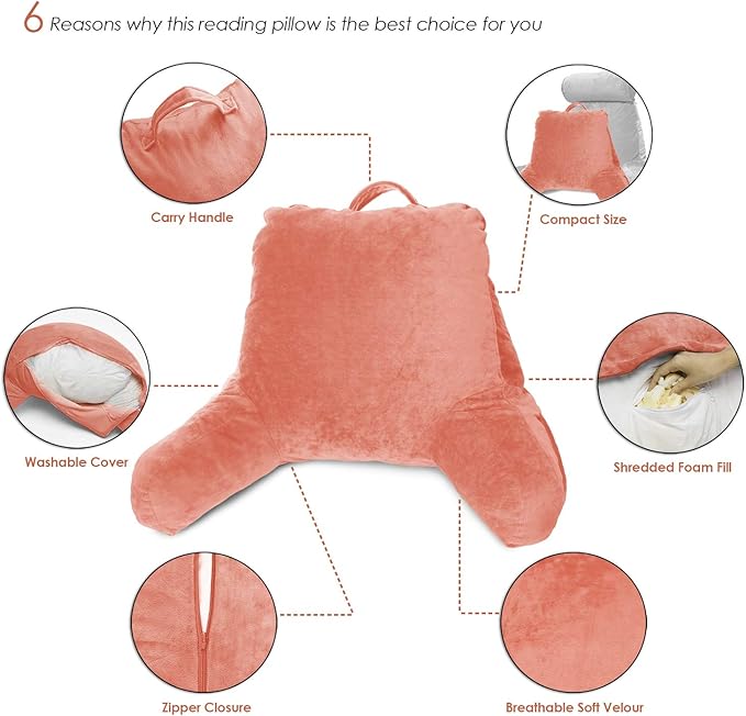 Clara Clark Reading Pillow, Standard Back Pillow for Sitting Up in Bed, Memory Foam Back Support Pillow, Reading Pillows for Sitting in Bed, Misty Rose Sit Up Pillow for Bed, Arm Pillow with Pockets - LeafyLoom