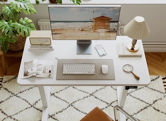 FAMISKY Standing Adjustable Desk Home Office Desk, 44 x 24 Inches Height Adjustable Desk, Ergonomic Home Office Computer Workstation with Splice Board, White - LeafyLoom
