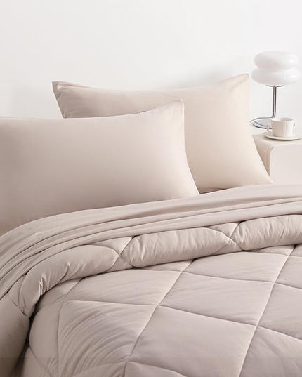 NTBAY Twin Comforter Set with Sheets, 5 Pieces Soft and Breathable Twin Bedding Set, Twin Bed in a Bag, Down Alternative Comforter Set Solid Color All Season, Kids Bedding Set, Taupe - LeafyLoom