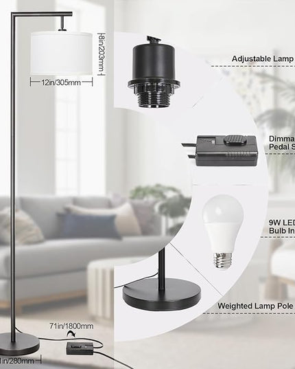 Boncoo Black Floor Lamp, Dimmable Floor Lamp for Living Room, Modern Standing Lamp with Adjustable Drum Shade, Tall Reading Light Corner Lamp Suitable for Couch, Bedroom, Office (Bulb Included) - LeafyLoom