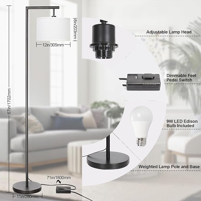 Boncoo Black Floor Lamp, Dimmable Floor Lamp for Living Room, Modern Standing Lamp with Adjustable Drum Shade, Tall Reading Light Corner Lamp Suitable for Couch, Bedroom, Office (Bulb Included) - LeafyLoom