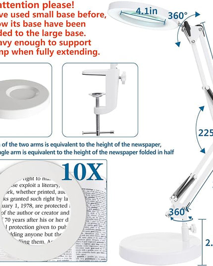 10X Magnifying Glass with Light, HITTI 1,800 Lumens Stepless Dimmable, 3 Color Modes, 4.2″ Real Glass Lens LED Magnifying Desk Lamp & Clamp, Magnifier Light and Stand for Crafts Close Work-White - LeafyLoom