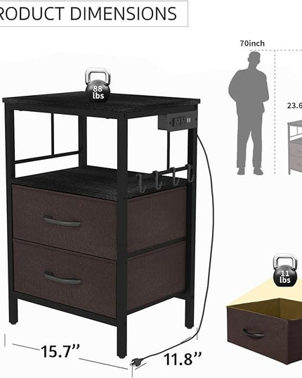 Nightstand with Charging Station, Side Table with Fabric Drawers and Open Shelf, Night Stand for Bedroom Decor, Bedside Table with USB Ports & Outlets (Black,1) - LeafyLoom