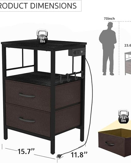 Nightstands set 2 for Bedroom Decor, Bedside Table with Charging Station, Night Stands with Fabric Drawers and Open Shelf, Side Table with USB Ports & Outlets (Black,2) - LeafyLoom