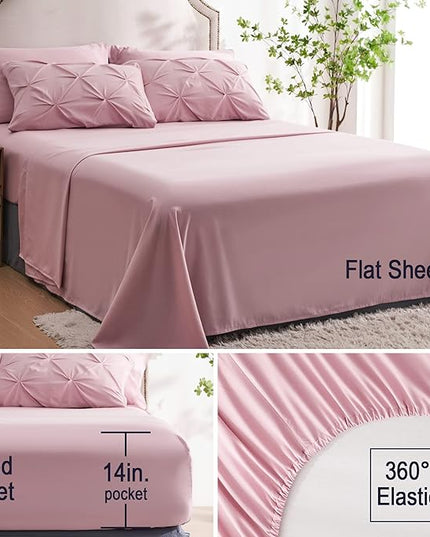Ubauba 7pc King Size Comforter Set with Sheets, Blush 7 Piece Pintuck Bed in a Bag with Comforters and Sheets, Soft Fluffy Pinch Pleat Bedding Sets for Women (Pink,King) - LeafyLoom