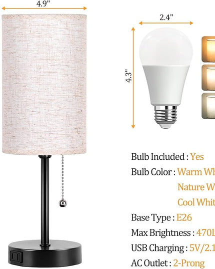 Dott Arts Table Lamp for Bedroom, 3-Color Bedside Lamps with Pull Chain, Bedroom Table Lamps for Nightstand,Small Lamp for Living Room, Bulb Included - LeafyLoom