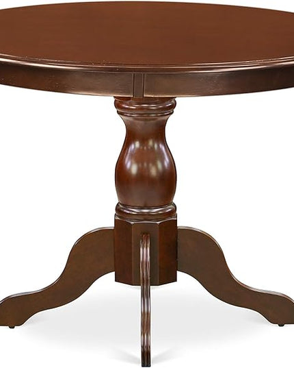 East West Furniture HBEL3-MAH-16 Hartland 3 Piece Room Furniture Set Contains a Round Dining Table with Pedestal and 2 Dark Khaki Linen Fabric Upholstered Chairs, 42x42 Inch - LeafyLoom